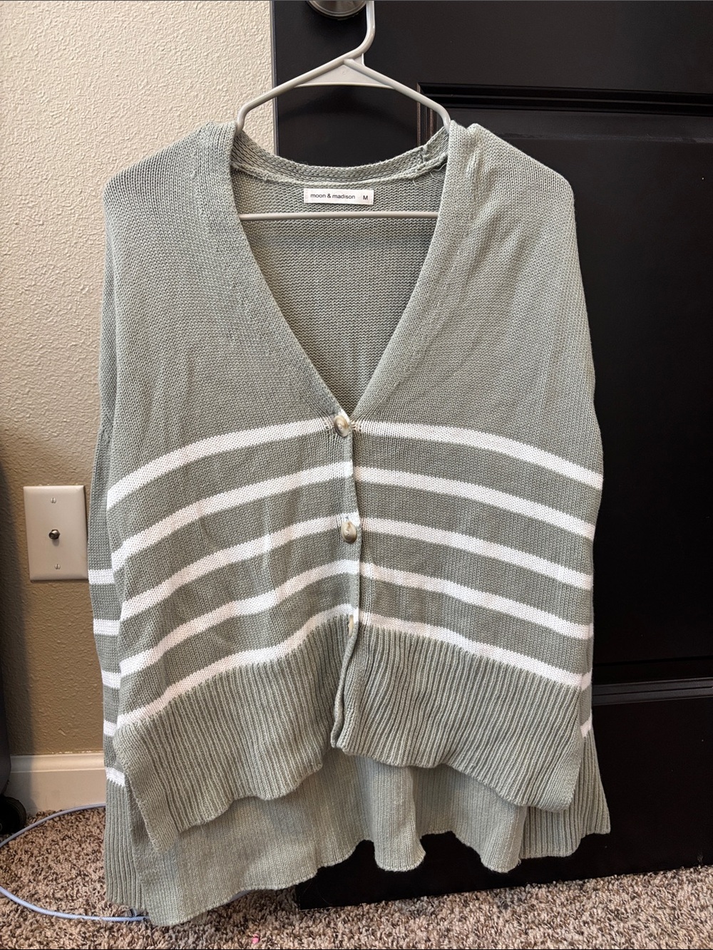 moon & madison Sage Green and White Striped V-Neck Button Cardigan